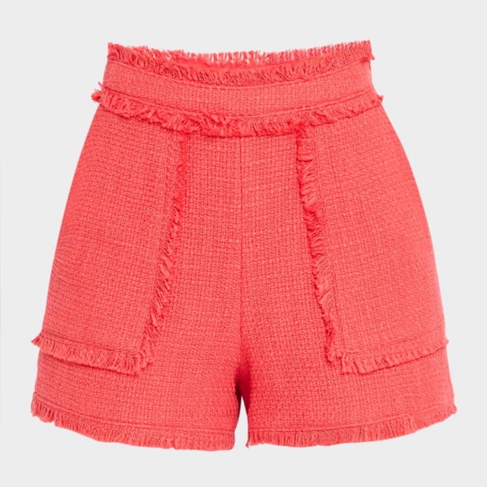 Cinq a Sept Cherry Fringed Tweed High-Waist Shorts